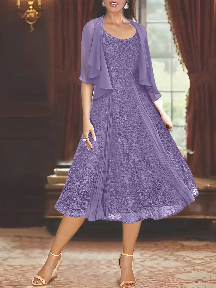 A-Line/Princess Scoop Half Sleeves Tea-Length Mother of the Bride Dresses with Appliques & Wrap