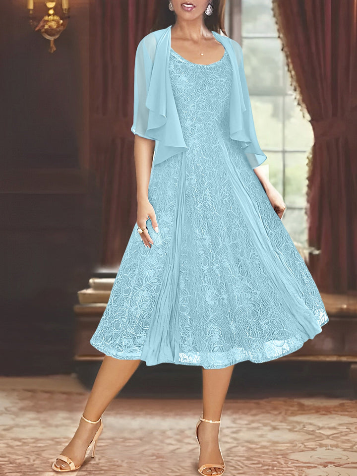 A-Line/Princess Scoop Half Sleeves Tea-Length Mother of the Bride Dresses with Appliques & Wrap