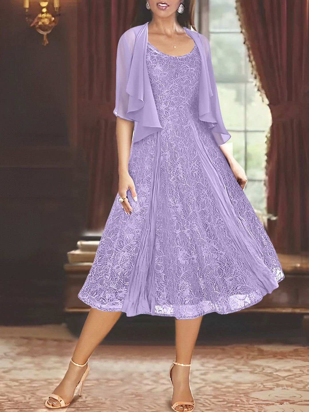 A-Line/Princess Scoop Half Sleeves Tea-Length Mother of the Bride Dresses with Appliques & Wrap