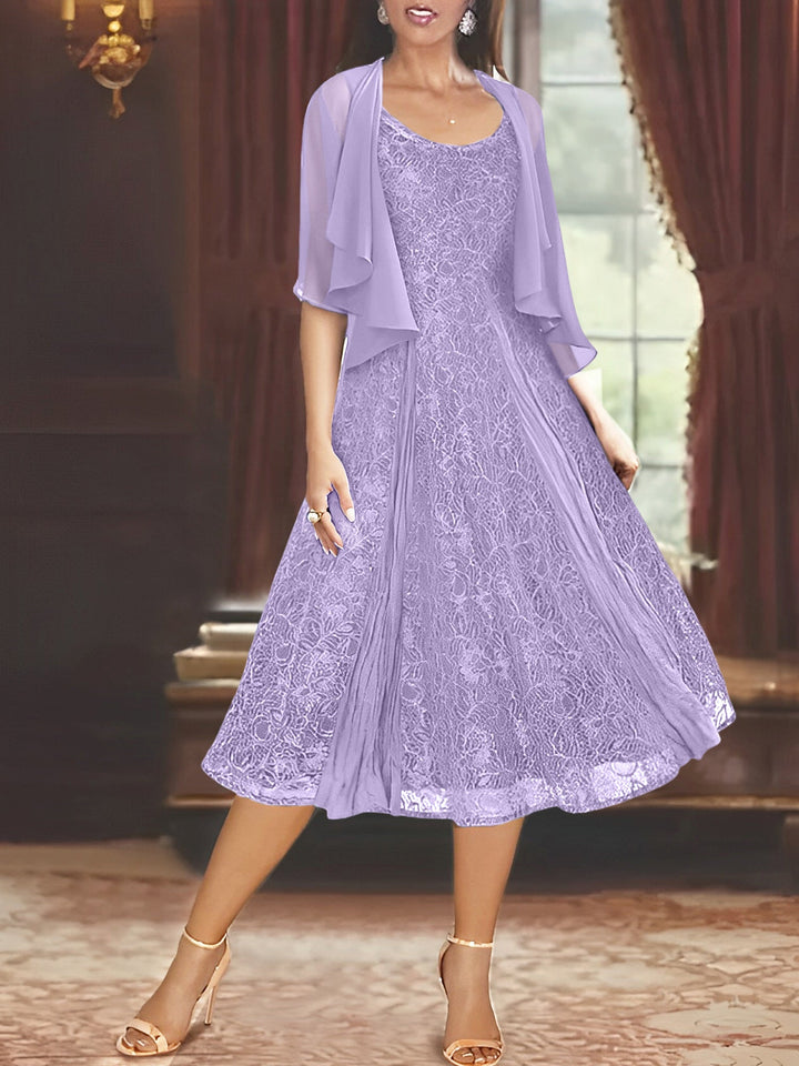 A-Line/Princess Scoop Half Sleeves Tea-Length Mother of the Bride Dresses with Appliques & Wrap