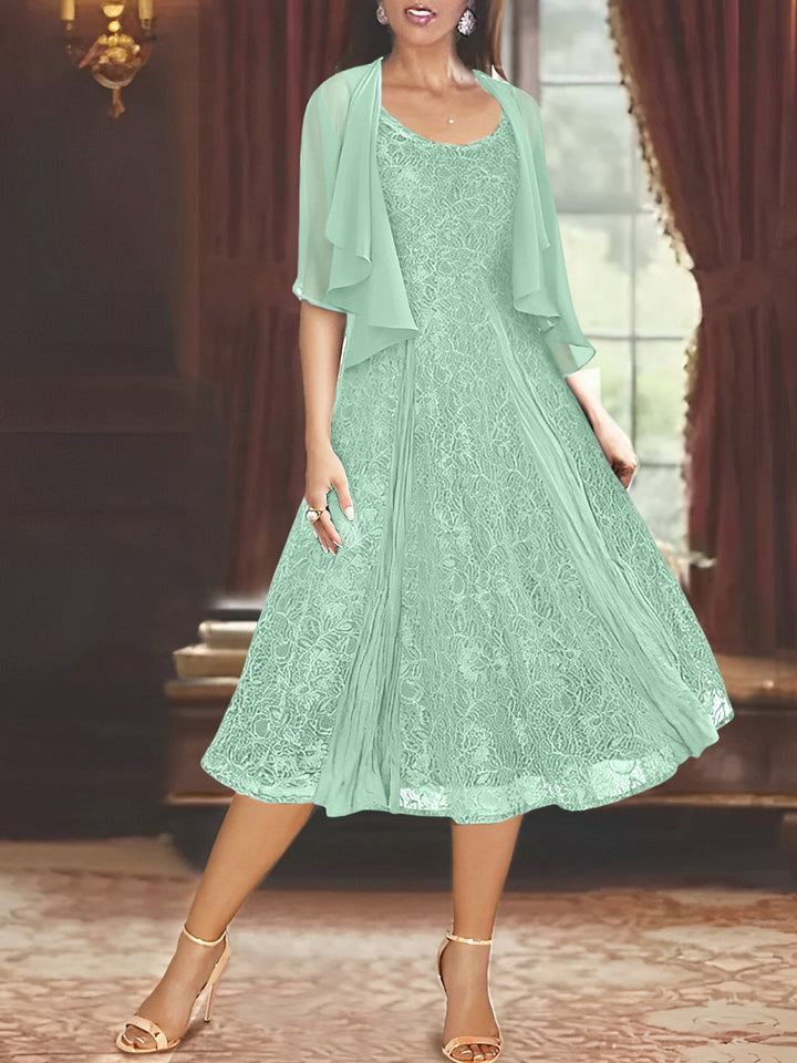 A-Line/Princess Scoop Half Sleeves Tea-Length Mother of the Bride Dresses with Appliques & Wrap