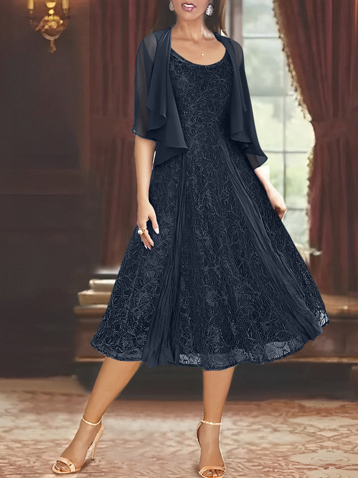 A-Line/Princess Scoop Half Sleeves Tea-Length Mother of the Bride Dresses with Appliques & Wrap