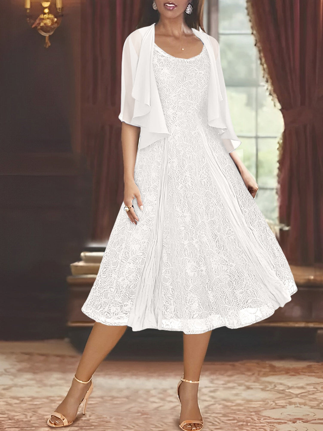 A-Line/Princess Scoop Half Sleeves Tea-Length Mother of the Bride Dresses with Appliques & Wrap