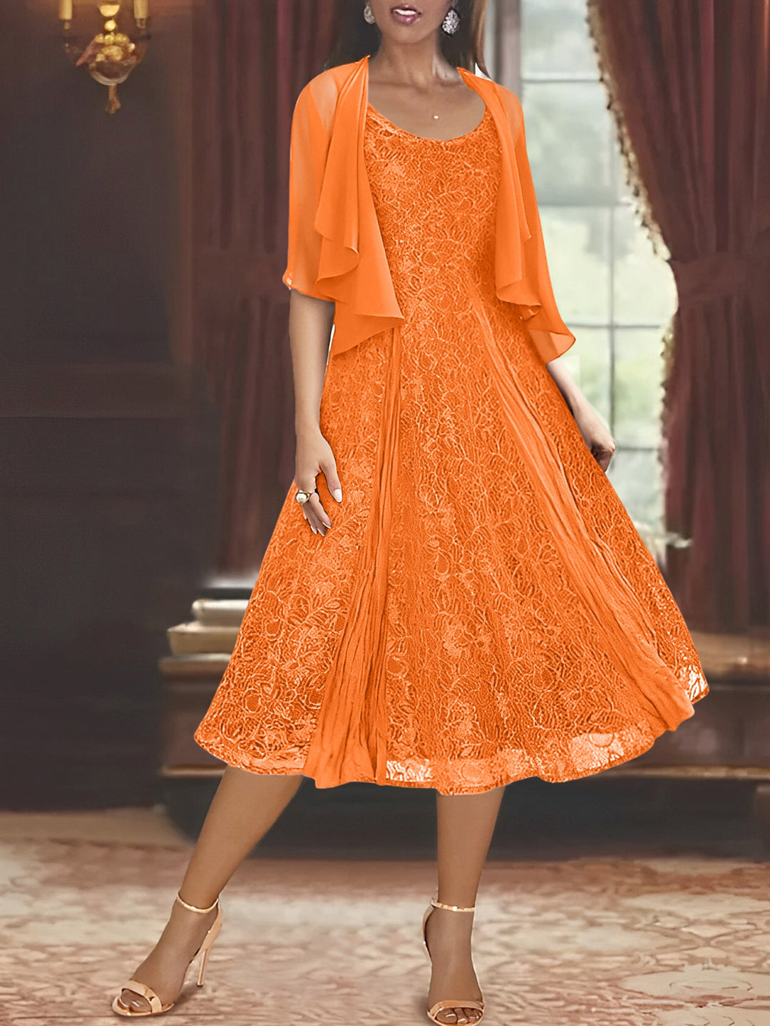 A-Line/Princess Scoop Half Sleeves Tea-Length Mother of the Bride Dresses with Appliques & Wrap