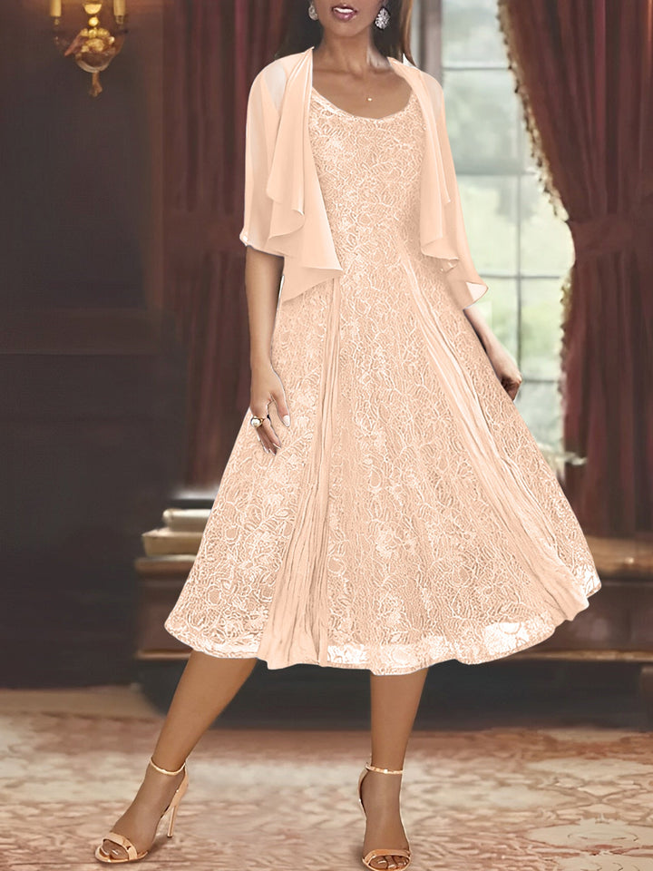 A-Line/Princess Scoop Half Sleeves Tea-Length Mother of the Bride Dresses with Appliques & Wrap
