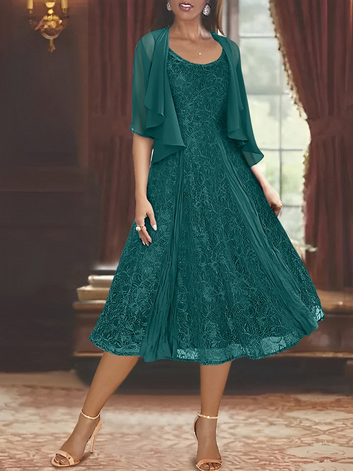 A-Line/Princess Scoop Half Sleeves Tea-Length Mother of the Bride Dresses with Appliques & Wrap
