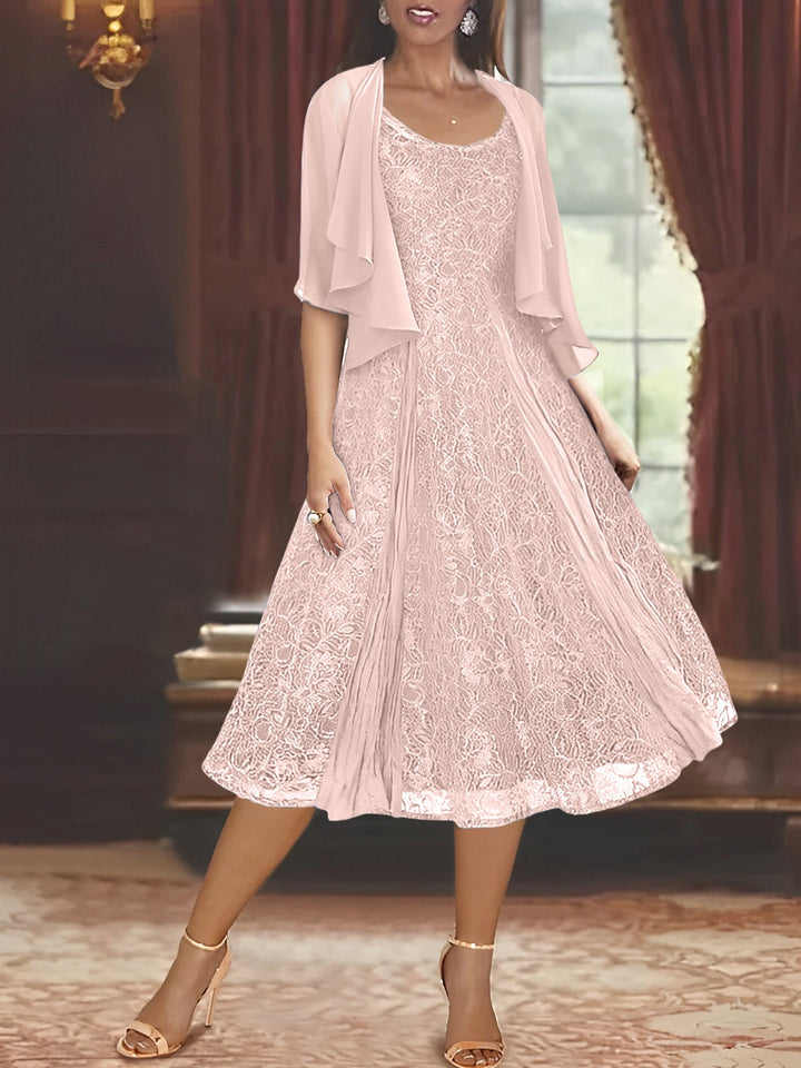 A-Line/Princess Scoop Half Sleeves Tea-Length Mother of the Bride Dresses with Appliques & Wrap