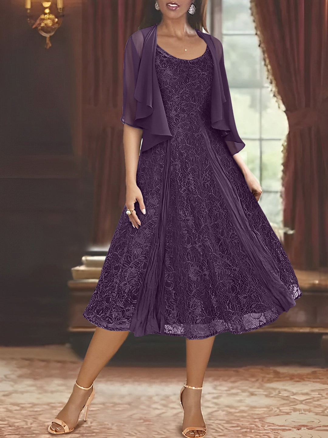 A-Line/Princess Scoop Half Sleeves Tea-Length Mother of the Bride Dresses with Appliques & Wrap