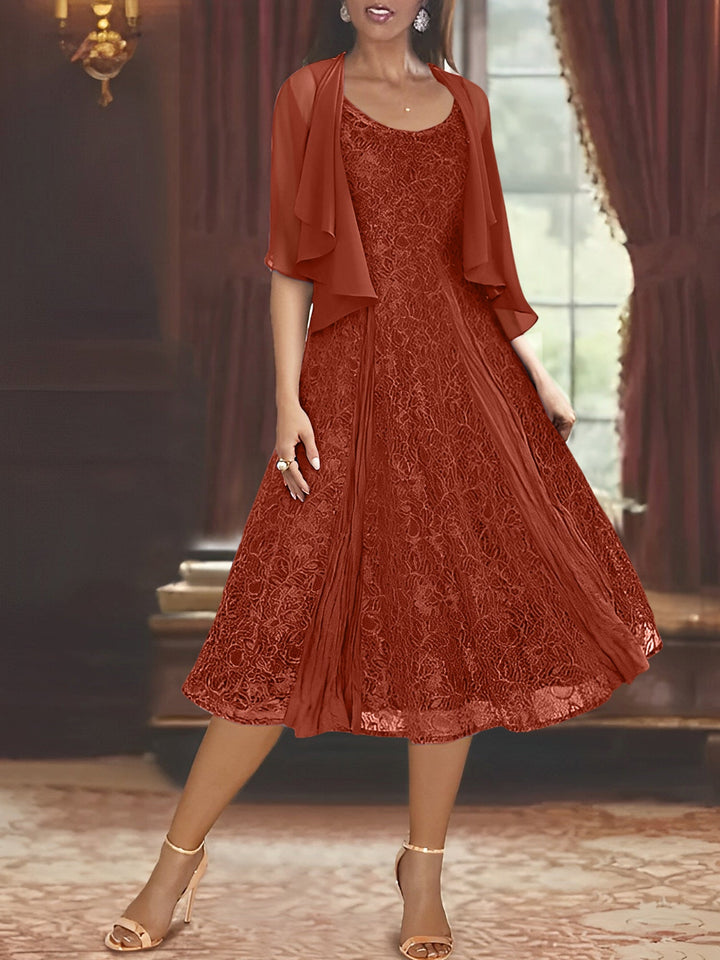 A-Line/Princess Scoop Half Sleeves Tea-Length Mother of the Bride Dresses with Appliques & Wrap