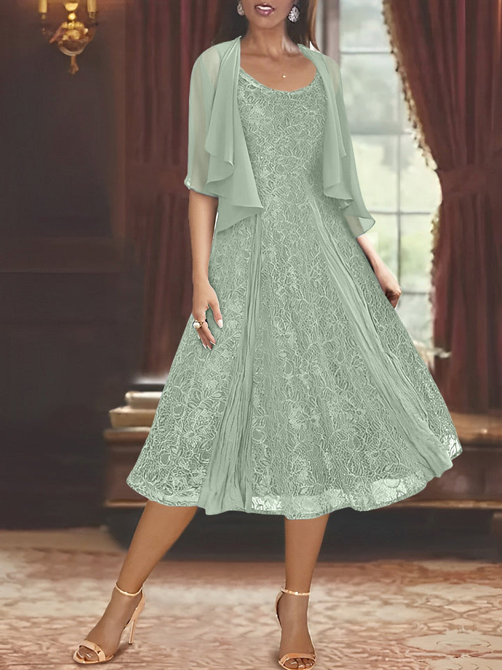 A-Line/Princess Scoop Half Sleeves Tea-Length Mother of the Bride Dresses with Appliques & Wrap