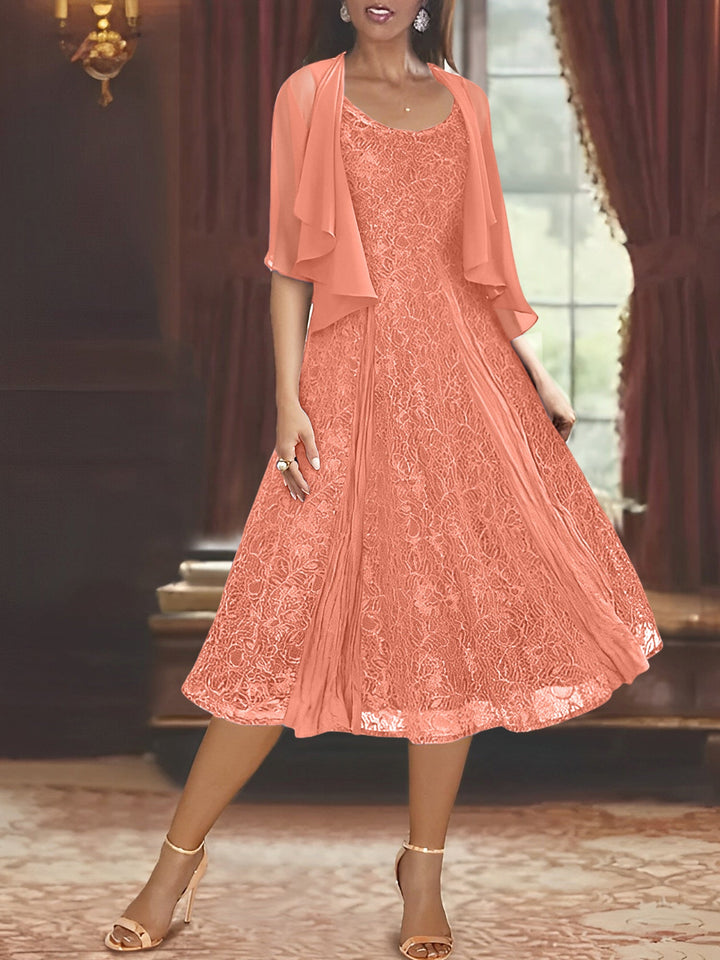 A-Line/Princess Scoop Half Sleeves Tea-Length Mother of the Bride Dresses with Appliques & Wrap