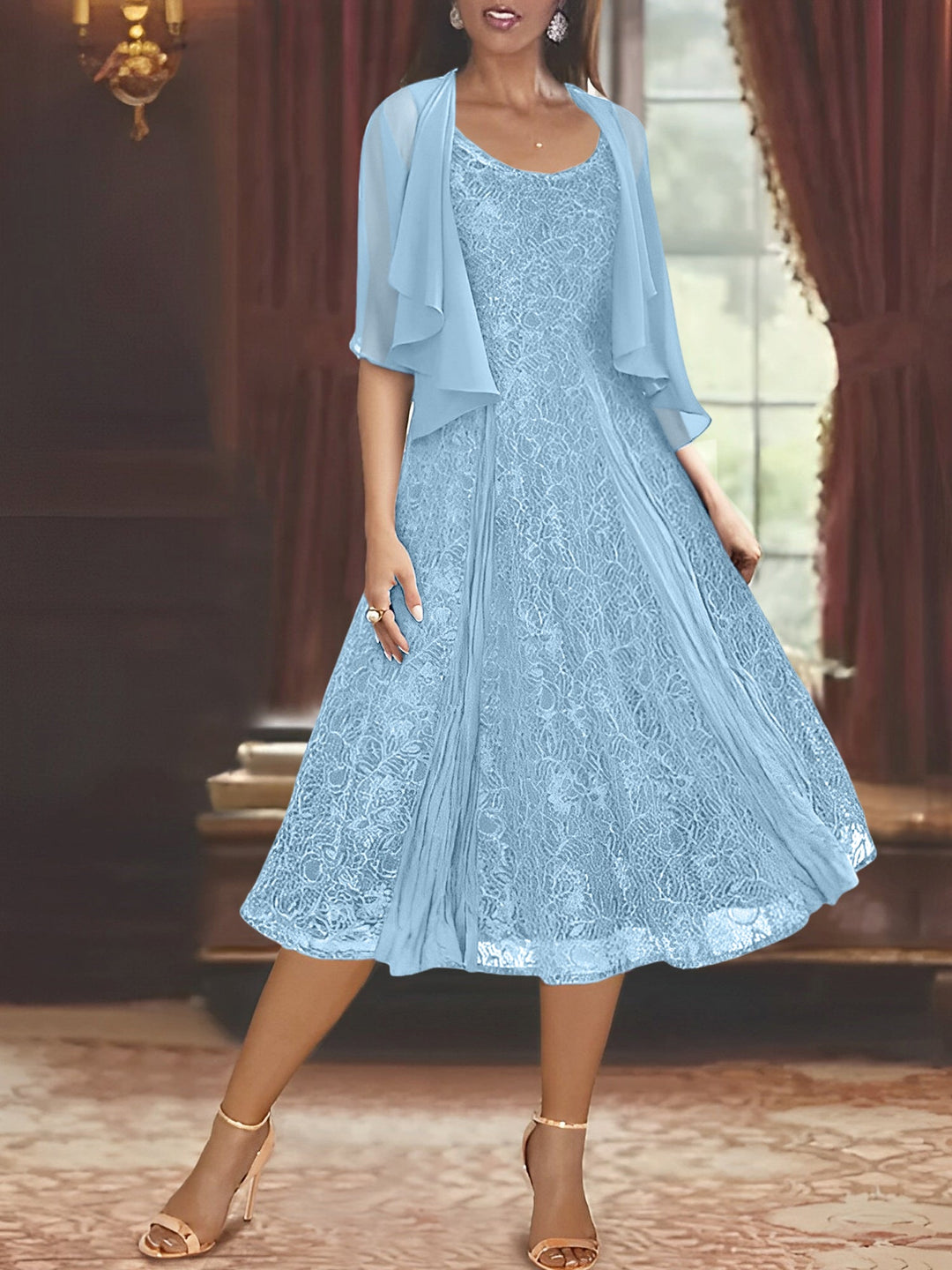 A-Line/Princess Scoop Half Sleeves Tea-Length Mother of the Bride Dresses with Appliques & Wrap