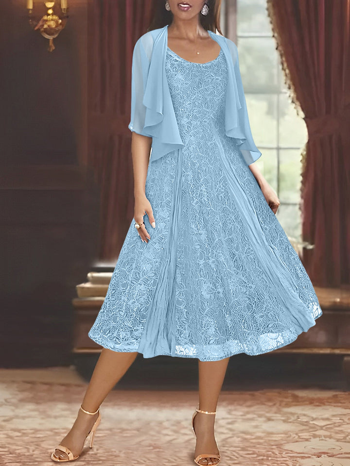 A-Line/Princess Scoop Half Sleeves Tea-Length Mother of the Bride Dresses with Appliques & Wrap