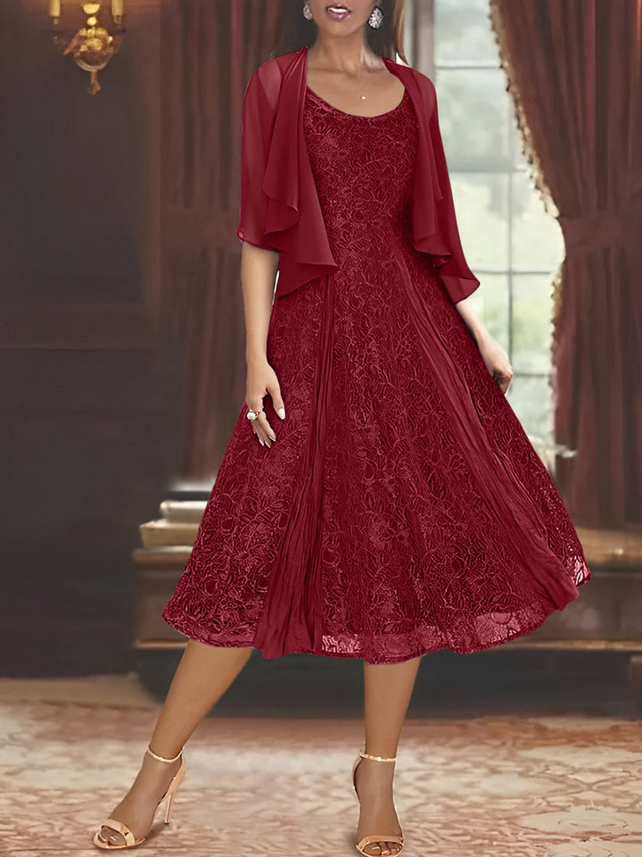 A-Line/Princess Scoop Half Sleeves Tea-Length Mother of the Bride Dresses with Appliques & Wrap