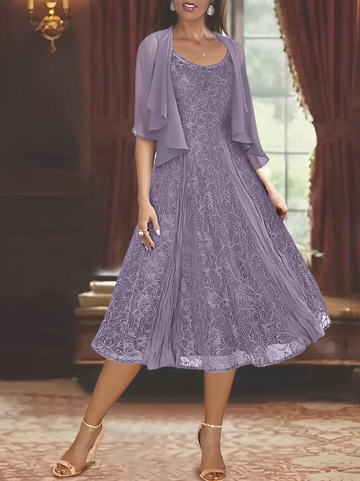 A-Line/Princess Scoop Half Sleeves Tea-Length Mother of the Bride Dresses with Appliques & Wrap
