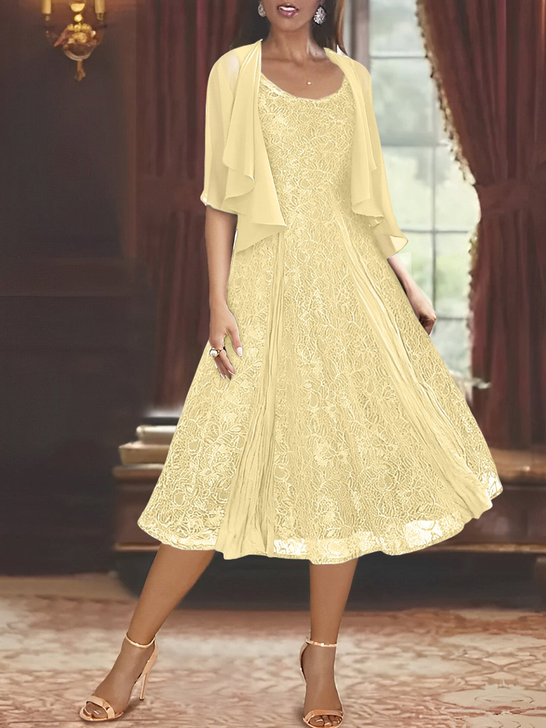 A-Line/Princess Scoop Half Sleeves Tea-Length Mother of the Bride Dresses with Appliques & Wrap