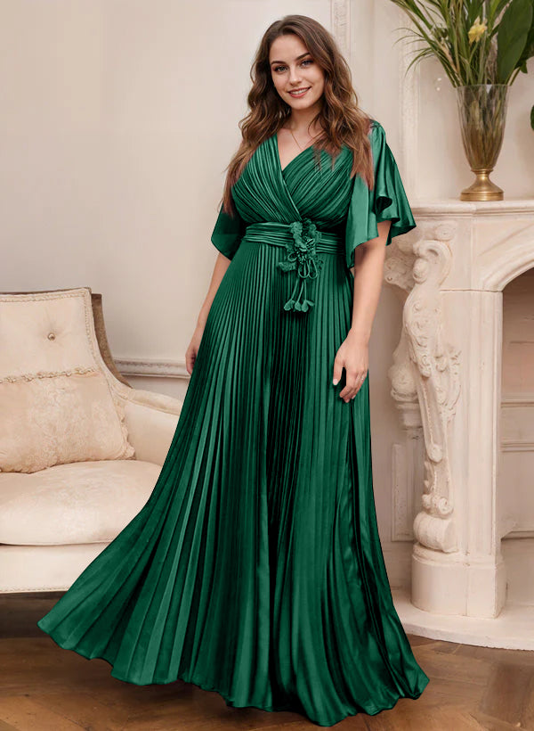 A-Line/Princess V-Neck Short Sleeves Mother of the Bride Dresses with Belt