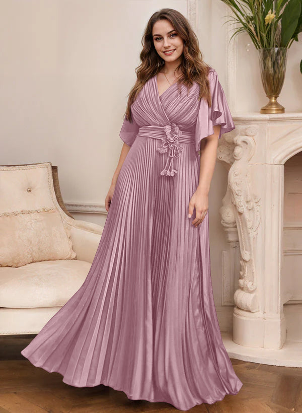 A-Line/Princess V-Neck Short Sleeves Mother of the Bride Dresses with Belt