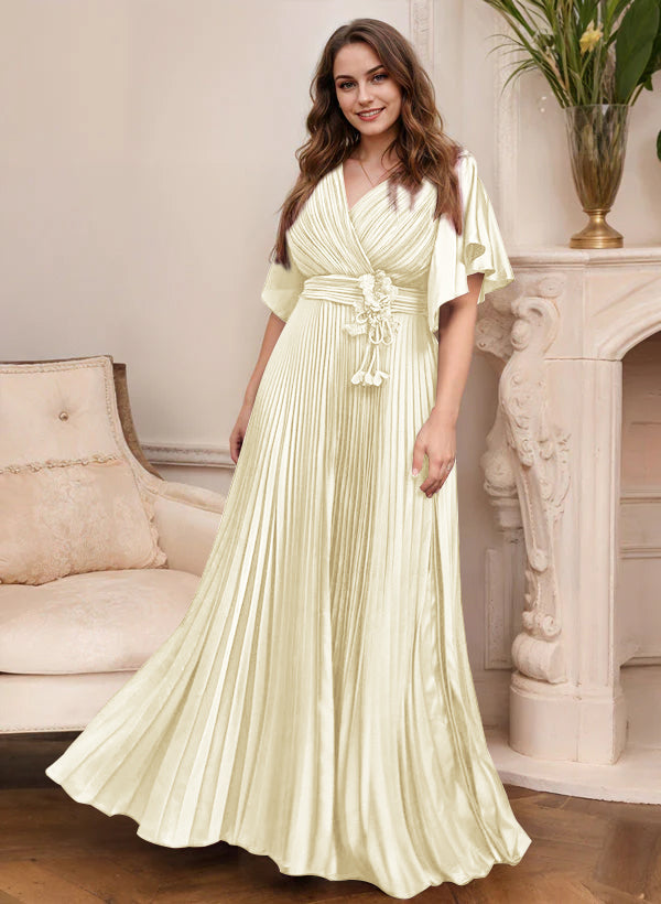 A-Line/Princess V-Neck Short Sleeves Mother of the Bride Dresses with Belt