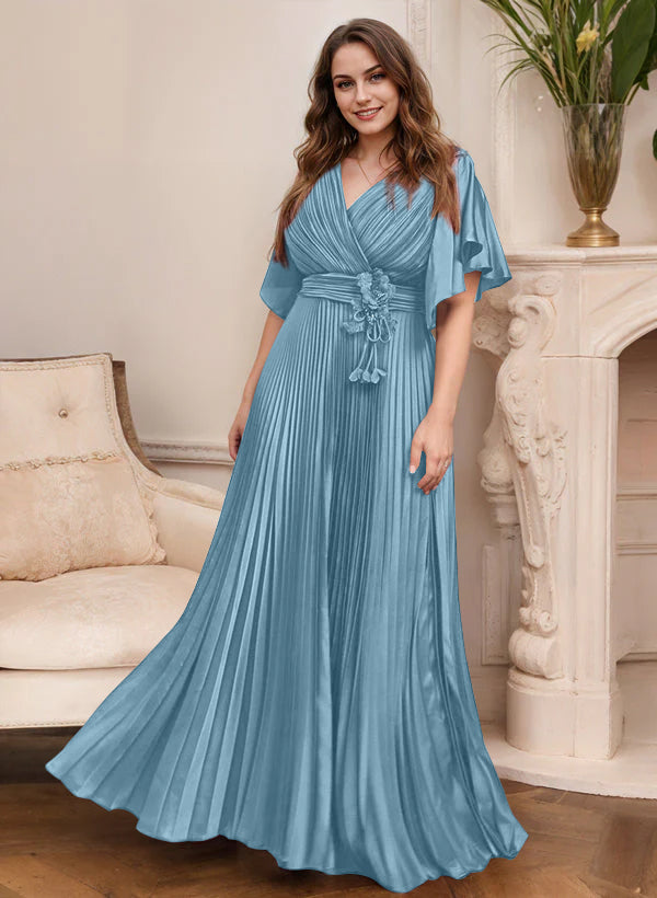 A-Line/Princess V-Neck Short Sleeves Mother of the Bride Dresses with Belt