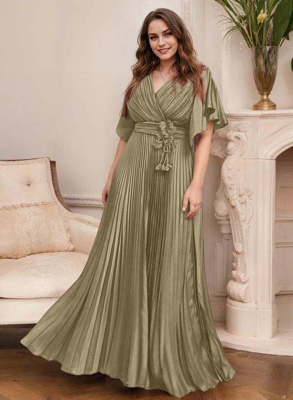 A-Line/Princess V-Neck Short Sleeves Mother of the Bride Dresses with Belt