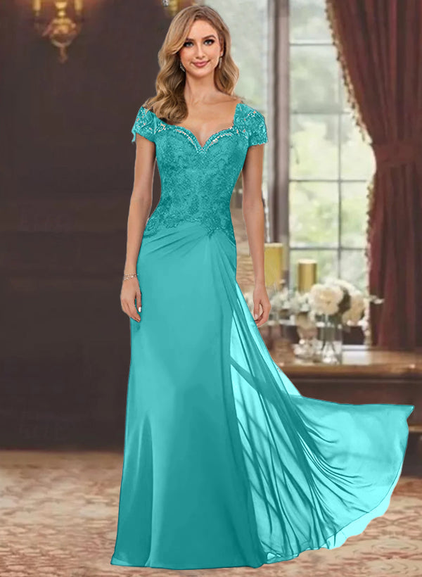 Sheath/Column Sweetheart Short Sleeves Floor-Length Mother of the Bride Dresses with Appliques Lace & Sequins