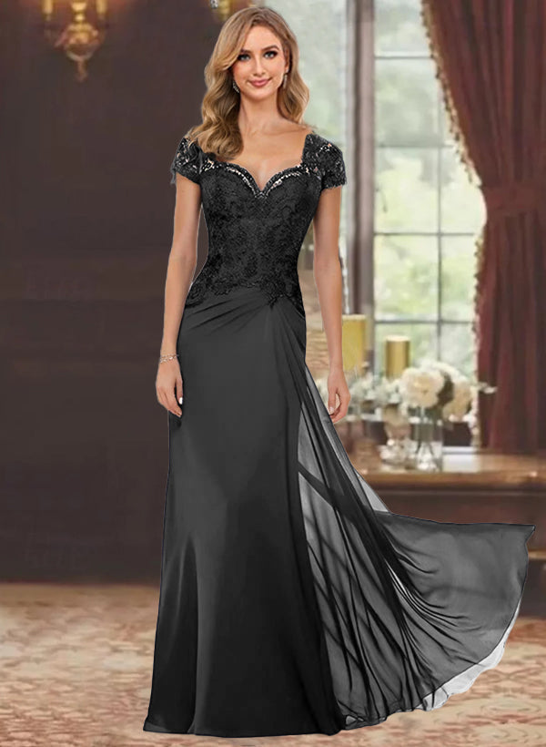 Sheath/Column Sweetheart Short Sleeves Floor-Length Mother of the Bride Dresses with Appliques Lace & Sequins