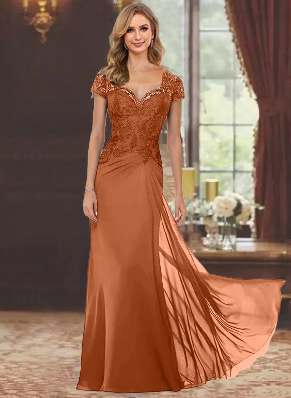 Sheath/Column Sweetheart Short Sleeves Floor-Length Mother of the Bride Dresses with Appliques Lace & Sequins