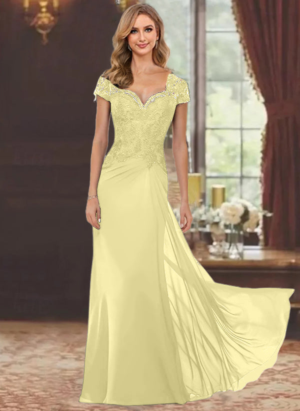 Sheath/Column Sweetheart Short Sleeves Floor-Length Mother of the Bride Dresses with Appliques Lace & Sequins
