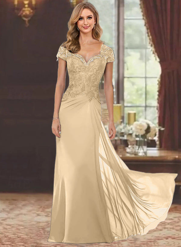 Sheath/Column Sweetheart Short Sleeves Floor-Length Mother of the Bride Dresses with Appliques Lace & Sequins