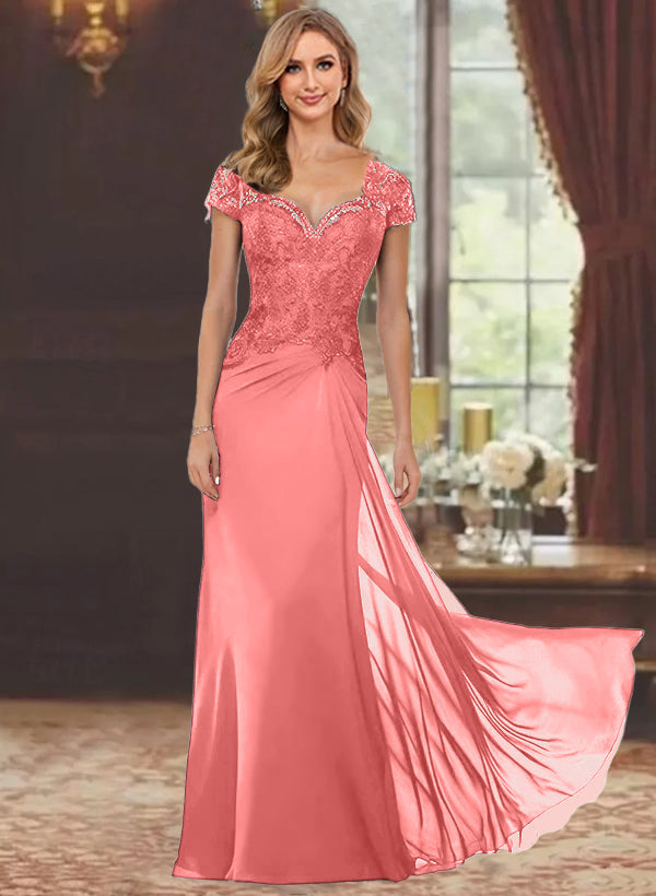 Sheath/Column Sweetheart Short Sleeves Floor-Length Mother of the Bride Dresses with Appliques Lace & Sequins