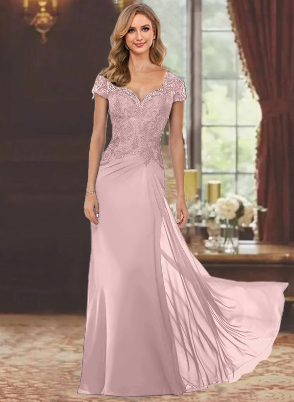 Sheath/Column Sweetheart Short Sleeves Floor-Length Mother of the Bride Dresses with Appliques Lace & Sequins