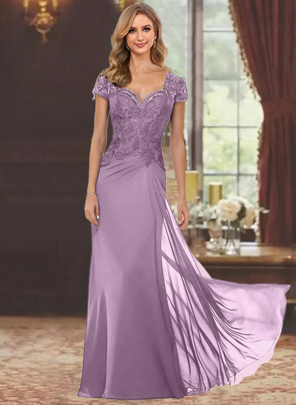 Sheath/Column Sweetheart Short Sleeves Floor-Length Mother of the Bride Dresses with Appliques Lace & Sequins