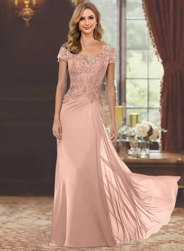 Sheath/Column Sweetheart Short Sleeves Floor-Length Mother of the Bride Dresses with Appliques Lace & Sequins