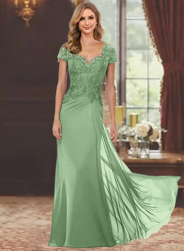 Sheath/Column Sweetheart Short Sleeves Floor-Length Mother of the Bride Dresses with Appliques Lace & Sequins