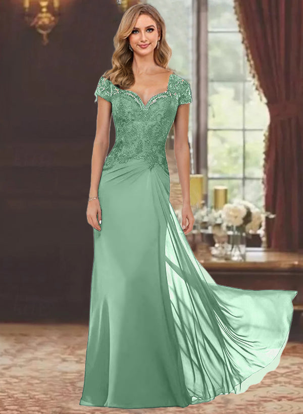 Sheath/Column Sweetheart Short Sleeves Floor-Length Mother of the Bride Dresses with Appliques Lace & Sequins