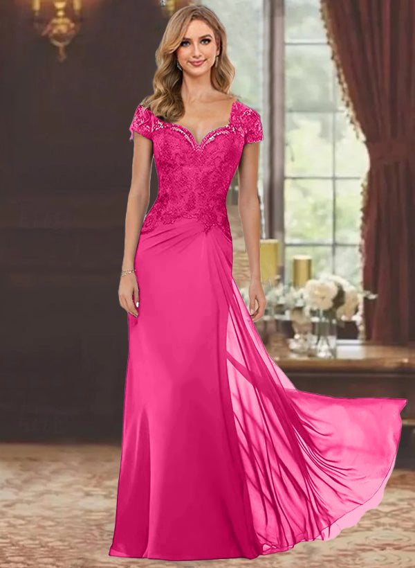 Sheath/Column Sweetheart Short Sleeves Floor-Length Mother of the Bride Dresses with Appliques Lace & Sequins