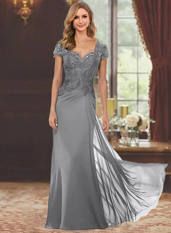 Sheath/Column Sweetheart Short Sleeves Floor-Length Mother of the Bride Dresses with Appliques Lace & Sequins