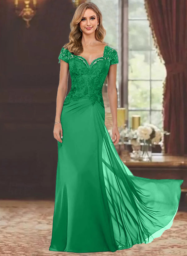 Sheath/Column Sweetheart Short Sleeves Floor-Length Mother of the Bride Dresses with Appliques Lace & Sequins