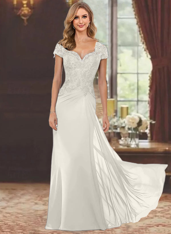 Sheath/Column Sweetheart Short Sleeves Floor-Length Mother of the Bride Dresses with Appliques Lace & Sequins