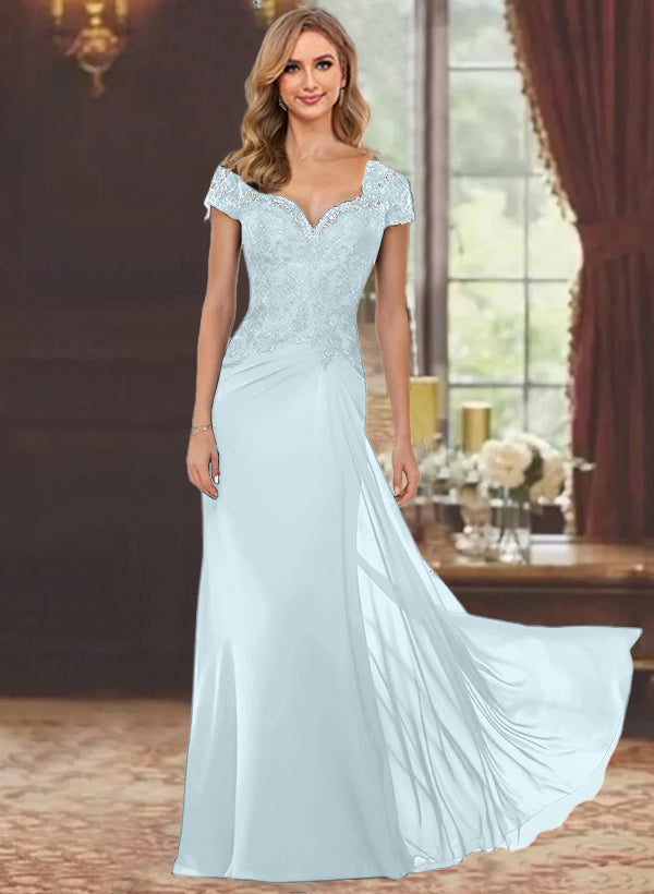 Sheath/Column Sweetheart Short Sleeves Floor-Length Mother of the Bride Dresses with Appliques Lace & Sequins