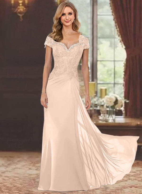 Sheath/Column Sweetheart Short Sleeves Floor-Length Mother of the Bride Dresses with Appliques Lace & Sequins