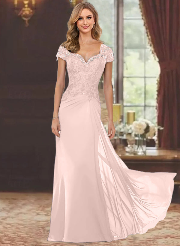 Sheath/Column Sweetheart Short Sleeves Floor-Length Mother of the Bride Dresses with Appliques Lace & Sequins
