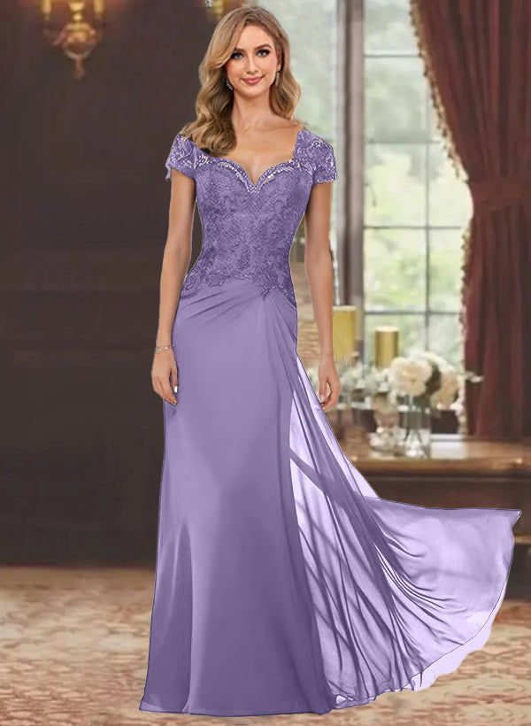 Sheath/Column Sweetheart Short Sleeves Floor-Length Mother of the Bride Dresses with Appliques Lace & Sequins