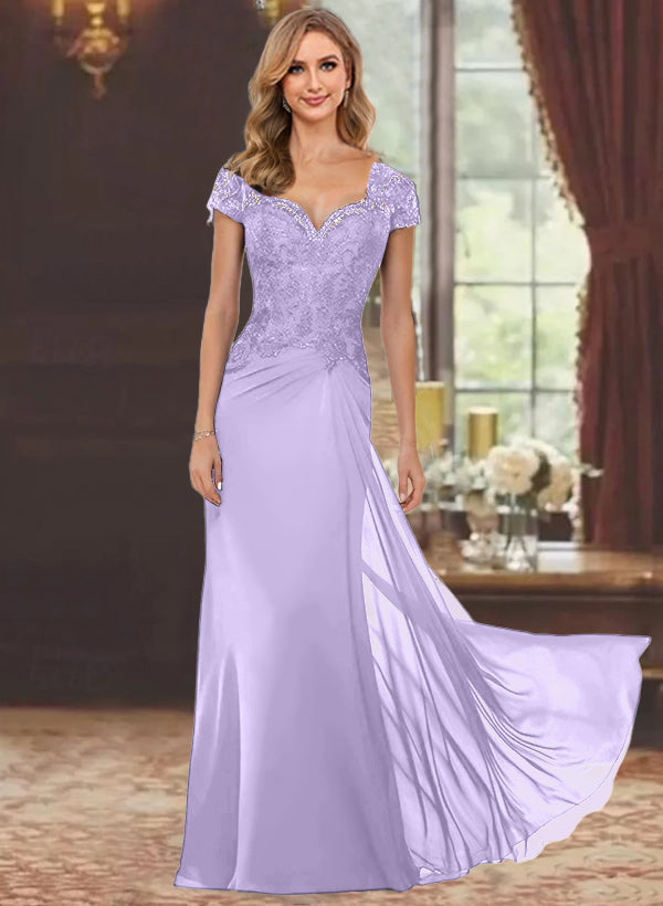Sheath/Column Sweetheart Short Sleeves Floor-Length Mother of the Bride Dresses with Appliques Lace & Sequins