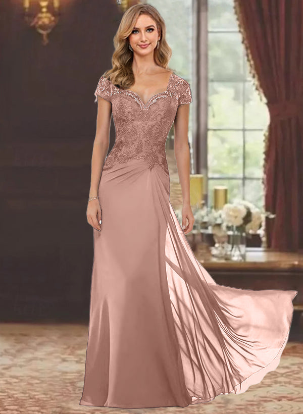 Sheath/Column Sweetheart Short Sleeves Floor-Length Mother of the Bride Dresses with Appliques Lace & Sequins