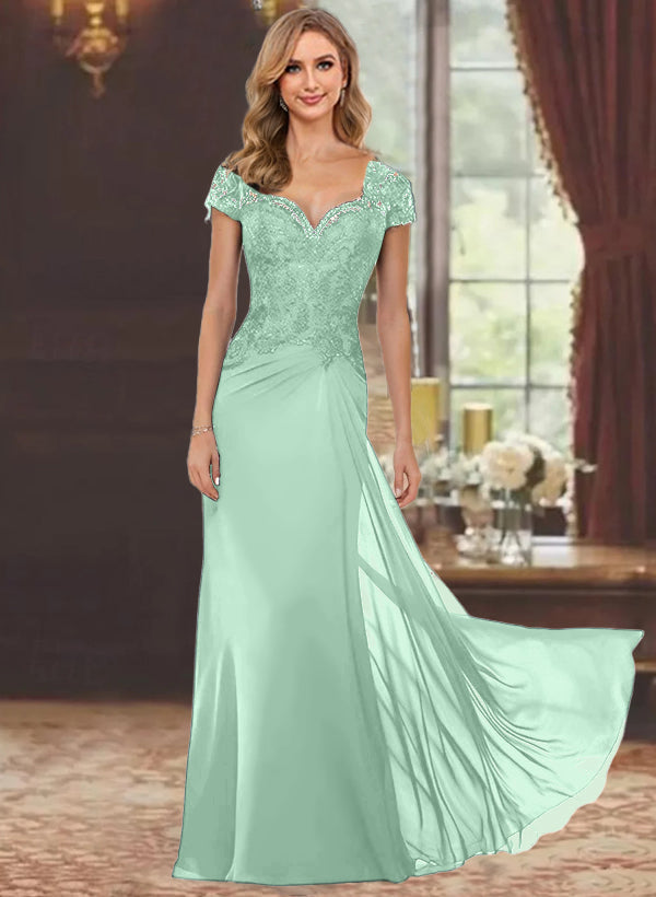 Sheath/Column Sweetheart Short Sleeves Floor-Length Mother of the Bride Dresses with Appliques Lace & Sequins