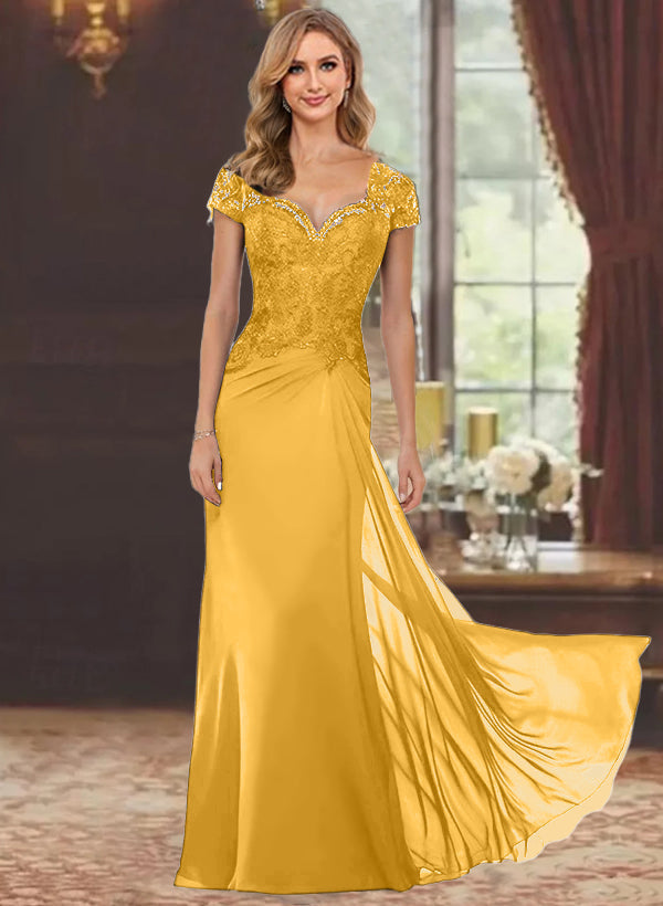 Sheath/Column Sweetheart Short Sleeves Floor-Length Mother of the Bride Dresses with Appliques Lace & Sequins