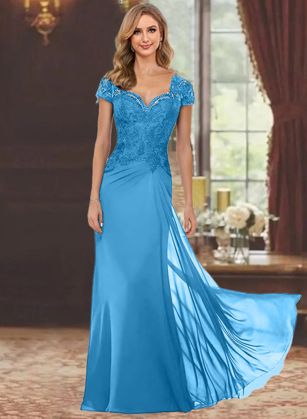 Sheath/Column Sweetheart Short Sleeves Floor-Length Mother of the Bride Dresses with Appliques Lace & Sequins
