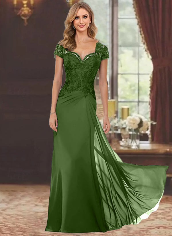 Sheath/Column Sweetheart Short Sleeves Floor-Length Mother of the Bride Dresses with Appliques Lace & Sequins